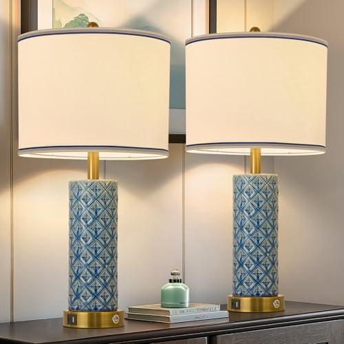 Set of 2 Table Lamp for Living Room Bedroom Farmhouse,26'' Touch Control Bedroom Aqua Blue Ceramic Lamps 3-Way Dimmable Bedside Lamps with USB A+C Ports Linen Shade for Home by Illuminatingyoumeandhim