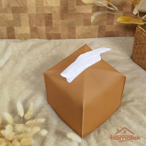 HOMOTEK 2 Pack Tissue Box Cover, Square PU Leather Tissue Holder, Decorative Facial Tissue Cube Paper Organizer Dispenser for Bathroom, Night Stands, Desk, Car 5X5X5'' - Camel, Pebble Grain - Image 3