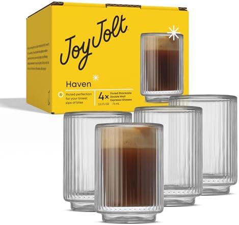 JoyJolt Haven Fluted Stackable Espresso Cups Set of 4, 2.5oz Ribbed Double Wall Glasses, Stacking Insulated Coffee Cup Set, Small Glass Coffee Cups for Espresso Machine Accessories - Image 2