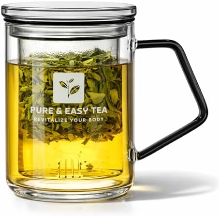 Pure And Easy Tea, Glass Tea Infuser Mug with Lid - Plastic-Free Borosilicate Steeping Cup for Loose Leaf Tea and Tisanes, 400 mL/13.5 oz by PureEasyTea