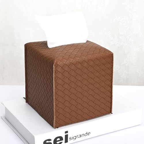 HOMOTEK 1 Pack Tissue Box Cover, Square PU Leather Tissue Holder, Decorative Facial Tissue Cube Paper Organizer Dispenser for Bathroom, Night Stands, Desk, Car 5X5X5'' - Woven Waffle,Chocolate by HOMOTEK
