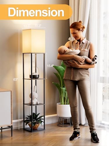 Floor Lamp with Shelves for Living Room, Shelf Floor Lamp with 3 CCT LED Bulb, Corner Display Standing Column Lamp Etagere Organizer Tower Nightstand with White Linen Shade for Bedroom, Office - Image 3