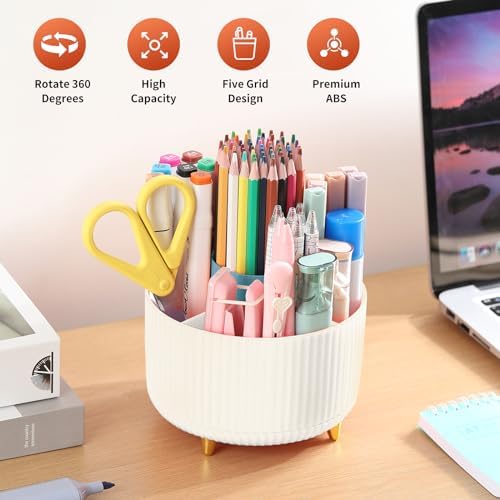 Desk Pencil Pen Holder, 5 Slots 360°Degree Rotating Pen Organizers for Desk, Desktop Storage Stationery Supplies Organizer, Cute Pencil Cup Pot for Office, School, Home, Art Supply, Beige - Image 2