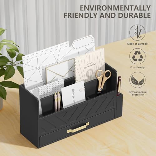 Bamboo Mail Organizer Countertop Pen Holder Wooden Desktop Storage Drawers - Image 2