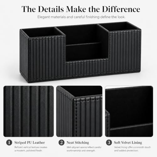 GORESE Pen Holder for Desk, PU Leather Desk Organizer for Office, Black - Image 4