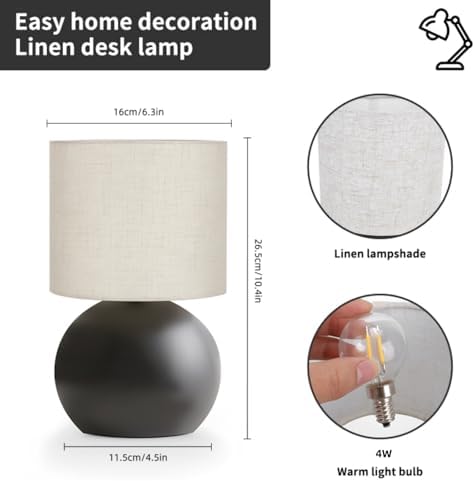 Modern Black Small Table Lamp with Cotton Linen Shade, 6.2×6.2×10.4 inch LED Desk Light, One-Button Switch for Bedroom, Living Room, Nightstand, Includes Warm Light Bulb - Image 5