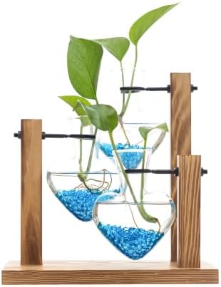 Plant Propagation Station, Heart-Shaped Hydroponic Glass Vase with Wooden Stand Decorative Propagation Stations with Blue Glass Beads for Home Desk Office Gardening Gifts for Plant Lovers by WelcometoEverkeen