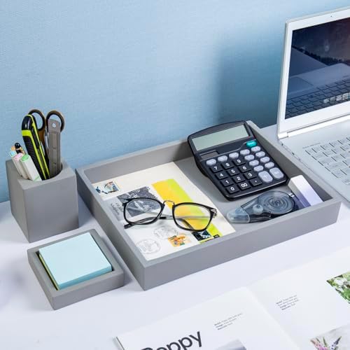 MyGift 3 pcs Set Modern Gray Concrete Desk Organizer Trays, Desktop Office Paper Tray, Stationery Holder Pencil Cup, Sticky Note Pad Holder - Image 4