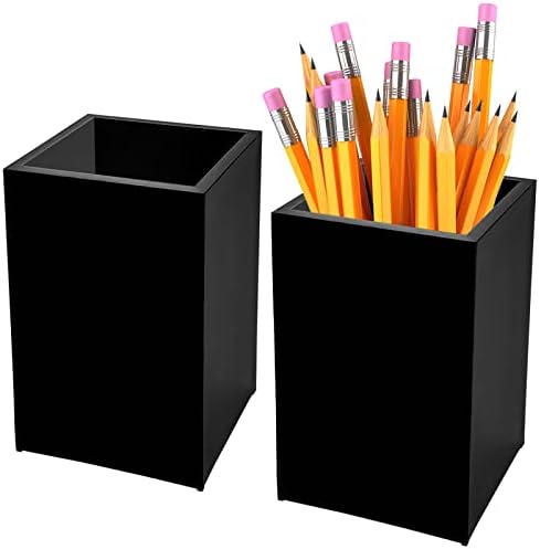 2 Pack Black Acrylic Pencil Pen Holder Cup,Desk Accessories Holder,Makeup Brush Storage Organizer,Modern Design Desktop Stationery Organizer for Office School Home Supplies,2.6x 2.6x 4 inches by Cerpourt