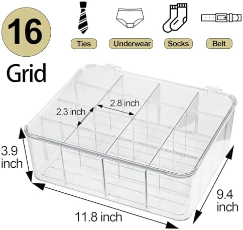 ZEXALOR Socks Underwear Drawer Organzier Dividers, 16 Compartment Removable Divided Plastic Storage Bin with Lid, Storage Organizer for Scarves Ties Bras, Clear Dresser Drawer Organizers - Image 3