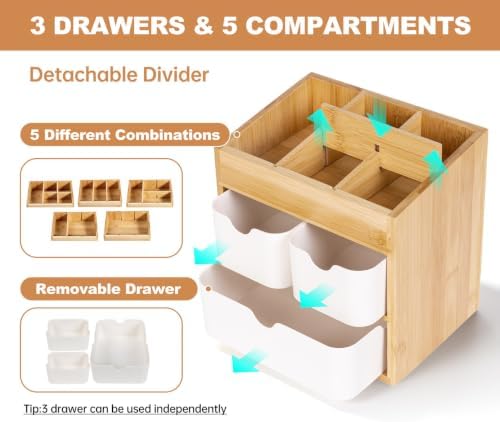 Bamboo Organizer with 3 Drawers, Small Organizer for Bathroom Countertop, Makeup Vanity Skincare/Cosmetic Organizer Box, Desktop Organization for Stationery, Adjustable & No Assembly Required - Image 5