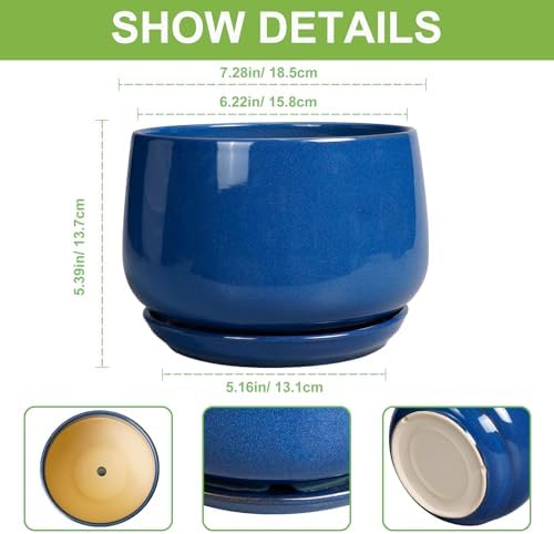 G EPGardening Round Ceramic Plant Pots, 7 Inch Modern Planter, Blue - Image 3