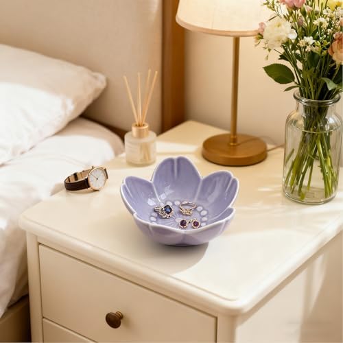 Purple Flower Ring Dish Jewelry Tray, Ceramic Jewelry Dish, Small Trinket Dish, Nightstand Bathroom Decor Ring Holder, Jewlery Plate Bowl for Christmas Friendship Birthday Gifts for Women Mom - Image 3