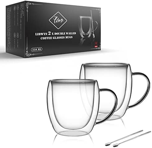 LIBWYS 2 Pack Double Walled Coffee Cups Glasses Mug, 8.5oz Borosilicate by LIBWYS