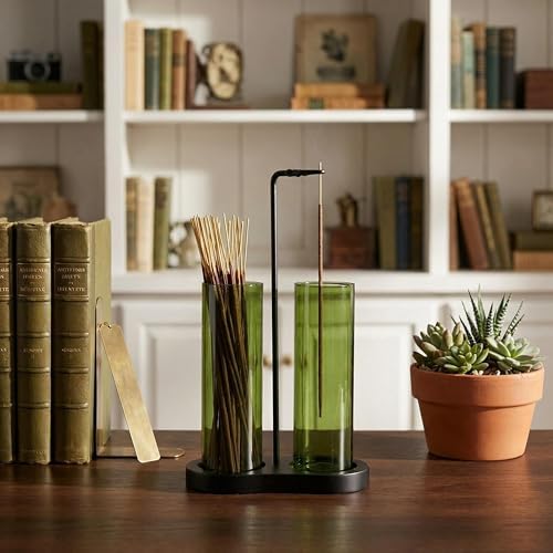 Green Glass Incense Holder, Colorful Incense Sticks Burner Holder with Storage,Hang Upside Down Incense Holder for Sticks with Glass Ash Catcher for Meditation Yoga Spa Room Decor (Green) - Image 2