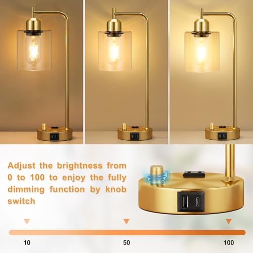 Innqoo Gold Table Lamp for Bedroom - Industrial Bedside Lamp with USB Port and Outlet, Fully Dimmable Nightstand Lamp with Clear Glass Shade, Small Desk Lamps for Home Office - Image 4