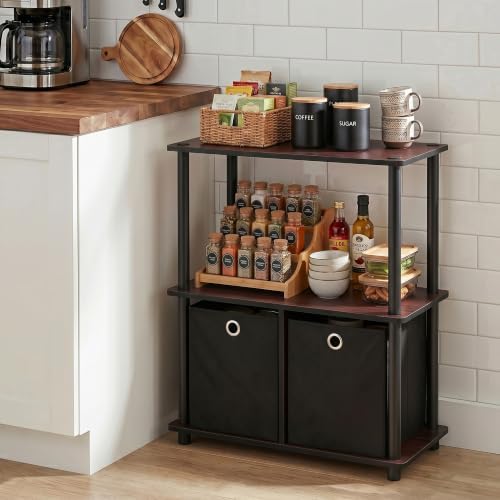 Furinno TURN-N-TUBE Storage Shelves, 3-Tier Toolless Book Shelf with Storage Bins, Display Shelf, for Organization and Storage, Living Room, Garage, Home Office, Dark Cherry - Image 2