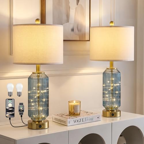 Oneach 24.5" Bedside Table Lamps Set of 2, Blue Coastal Nightstand Lamps with Night Light, USB A+C Charging Ports, Glass Lamps for Bedroom, Living Room, End Table (2 Bulbs Included) by Oneach