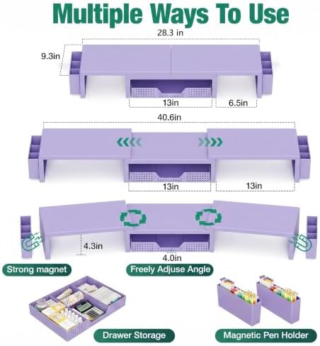 OPNICE Desk Organizer and Accessories, Computer Monitor Stand Riser with Drawer and 2 Pen Holders, Laptop Stand, Office Desk Accessories for Office Supplies, Purple - Image 4