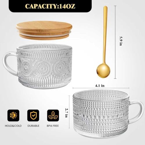 6 PACK Vintage Glass Coffee Mugs 14oz Clear Embossed Tea Cup Set with Bamboo Lids and Gold Spoons,Yogurt Bowl,kitchen gifts for women - Image 2