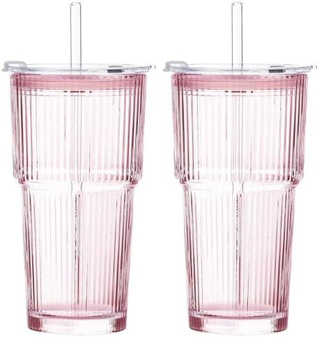 20oz Iced Coffee Cups with Lids, Ribbed Glass Cups with Lids and Straws by GOSCHE