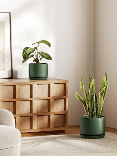 LE TAUCI 10 + 12 Inch Ceramic Plant Pots, Set of 2, Forest Green - Image 2