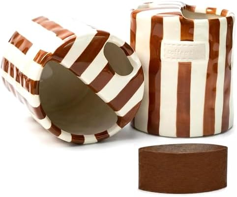 Ceramic Coffee Mug with Half Lid 12oz, Retro Striped by KOIMYSA