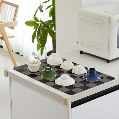 Ohocut Checkered Dish Drying Mat for Kitchen Counter, Coffee Bar Station Accessories, Retro Cute Aesthetic Modern Absorbent Drainer Mat Kitchen Drying Mat Easy Clean Brown and Black, 19" x 12" - Image 3