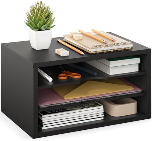 Ballucci File Organizer, 3-Tier Document Paper Sorter, Stackable Wood Desk Organizer, Mail Sorter and Monitor Stand with Storage Shelves, Black by Ballucci