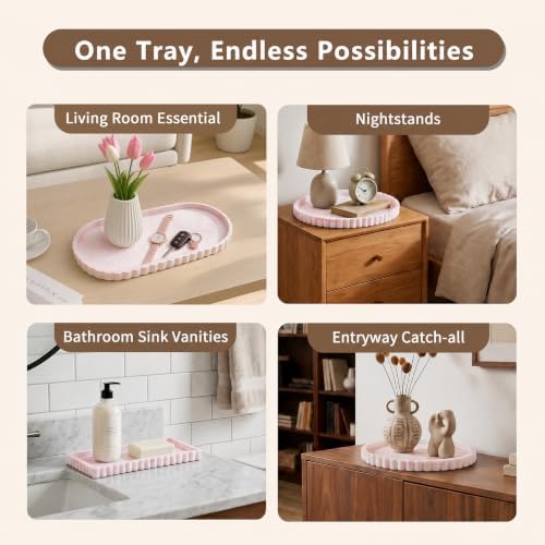 Silicone Bathroom Tray - 12''x5.3'' Oval Vanity Tray for Bathroom Countertop with Scalloped Edge, Elegant Bathroom Holders and Organizers for Toilet Top, Bathtub Caddy, Marble White Pink - Image 6
