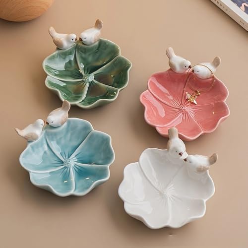 Lotus Leaf Bird Ceramic Jewelry Dish, Ring Tray for Women (Blue) - Image 3