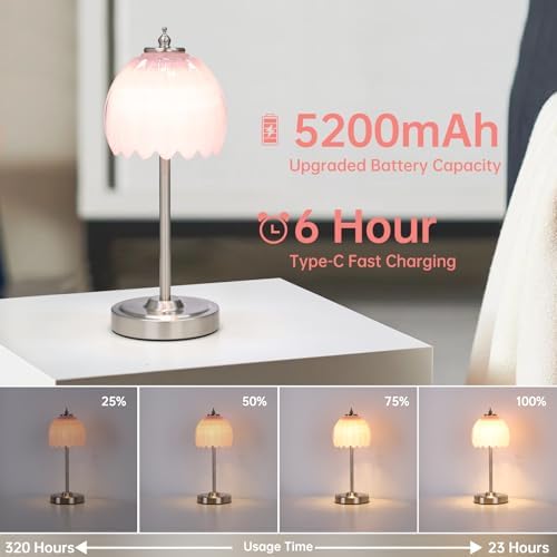 Shenmoyl Rechargeable Table Lamp with 5200mAh Battery & Touch Control - 3 Adjustable Color Temperatures, Cordless Dimmable Table Light for Bedroom, Office Desk, Nightstand (Creamy Pink,Silver Base) - Image 2