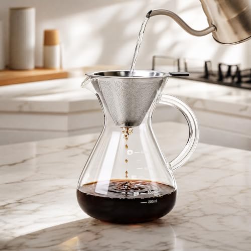 Pour Over Coffee Maker Set with Reusable Stainless Filter 20 fl oz, Heat-Resistant Borosilicate Glass Paperless Pour Over Coffee Dripper with coaster for Home Daily Coffee - Image 2