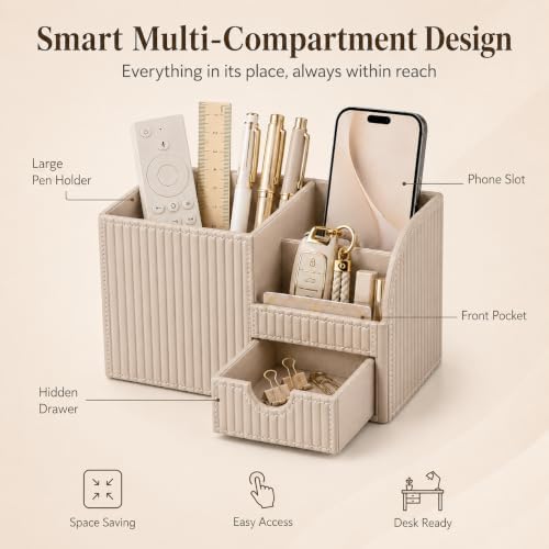 KINGFOM Luxury PU Leather Desk Organizer with Drawer, Modern Aesthetic Office Desk Accessories for Men & Women, Multi-Compartment Pen Holder & Desktop Storage Organizer for Home Office - Image 4