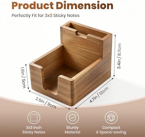 Acacia Wood Sticky Note Holder with Pen Slot, 3x3 Sticky Note Dispenser for Desk, Non-Slip Pads Office Storage Organizer - Image 3