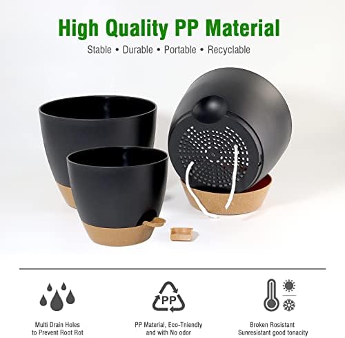 UOUZ Large Self Watering Pots, 12/10/9 Plastic Planters with High Drainage Holes and Deep Reservoir for Indoor Outdoor Garden Plants and Flowers, Black with Brown - Image 5