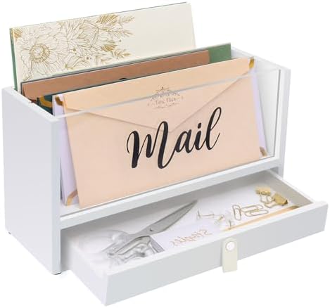Two-Layer Solid Wooden Mail Storage Organizer Holder with Clear Acrylic Top and Bottom Drawer, Leather Handle, Keeping Mail, Bills, Letters, Cards and Office Supplies in One Place, Home Decor Gifts by INTARSIO3D
