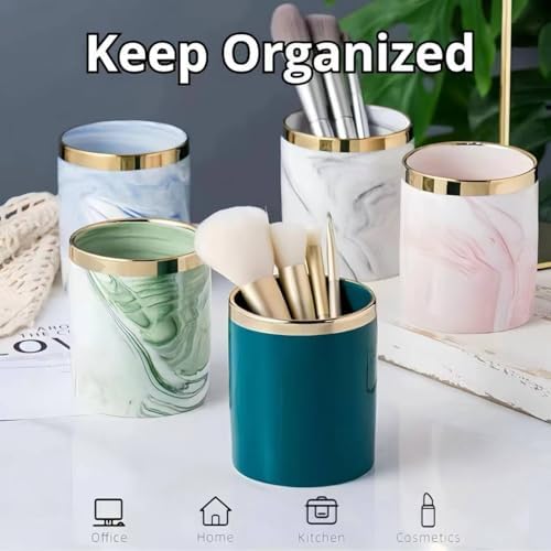 Ceramic Pen Holder for Desk Cute Office Supplies Cubicle Decor Kawaii Workspace Accessories Boho Makeup Organizer for Women Girls Pencil Cup Aesthetic Rotating Caddy for Home Office (Light Green A) - Image 4