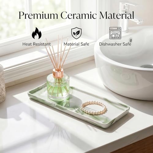 10″ x 3.5″ Ceramic Bathroom Vanity Tray, Rectangular Decorative Countertop Tray for Bathroom Kitchen, Ceramic Organizer Tray for Perfume, Candle, Jewelry, Cosmetics, Soap Dispenser, Marble Green - Image 5