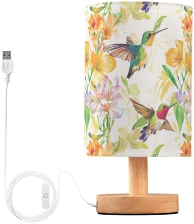 Fustylead Hummingbirds Colorful Flowers Bedside Table Lamps with USB Port for Bedroom Lamp Accent Table Lamp Small Nightstand Lamp Sturdy Linen Shade Wooden Base Decorative Lamps for Kids|Dorm|Home by Fustylead