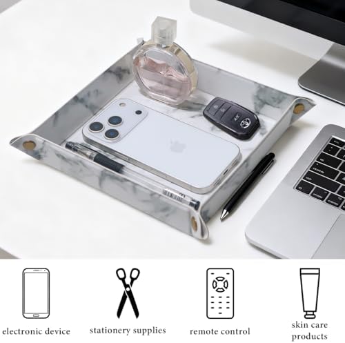 Valet Tray Desktop Storage Organizer – Premium PU Leather Catchall Bedside Vanity Tray Nightstand Caddy Holder for Remote Controller, Keys, Phone, Wallet, Coin, Jewelry,Marble White - Image 5