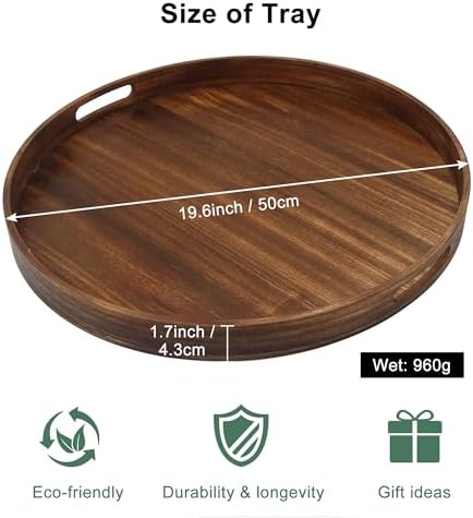 19.6" Extra Large Round Wooden Decorative Tray with Handles,Wood - Image 6