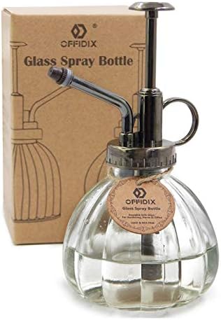 OFFIDIX Transparent Glass Watering Spray Bottle, 6.3 Inches Tall Vintage Style with Bronze Plastic Top Pump One Hand Plant Mister Glass Watering Can Indoor by Offidix