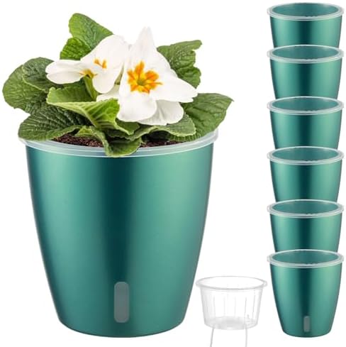 Self Watering Pots for Indoor Plants, 6-Pack 5'' Self Watering Planter with Drainage Holes, Small African Violet Pots with Water Indicator, Clear Wick Orchid Pot, Blue Gold by KvyusFlourish