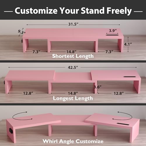 BONTEC Dual Monitor Stand Riser, Adjustable Length & Swivel Angle, Pink - Image 3