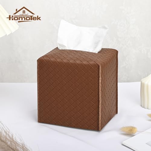 HOMOTEK 1 Pack Tissue Box Cover, Square PU Leather Tissue Holder, Decorative Facial Tissue Cube Paper Organizer Dispenser for Bathroom, Night Stands, Desk, Car 5X5X5'' - Woven Waffle,Chocolate - Image 6