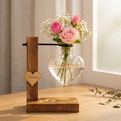 Heart-Shaped Glass Propagation Station with Dark Wood Stand, 1 - Image 5