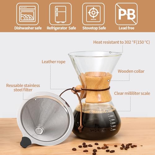 Pour Over Coffee Maker 27 OZ, 8 Cup Borosilicate Glass Drip Coffee Maker with Reusable Stainless Steel Filter and Cork Grip for Home Café 800 ML - Image 5