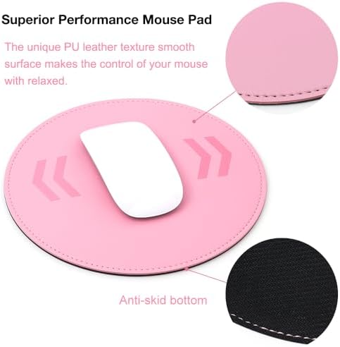 ProElife Round Mouse Pad, PU Leather Pink Desk Mat, Non-Slip Base, 8.66" - Image 4