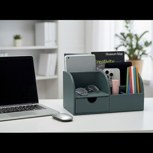 UnionBasic Desk Organizer - Multifunctional Leather Desktop Pen Holder Storage Box - Business Card/Pen/Pencil/Mobile Phone/Stationery Holder, Dark Ivy - Image 5